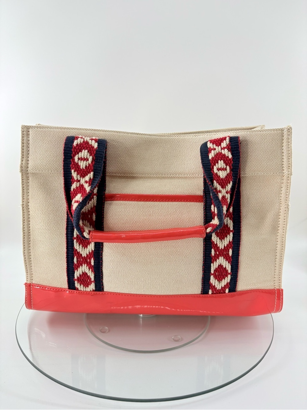 Tory Burch Canvas Tote Bag Coral Patent Trim Embroidered Straps Beach Summer - Picture 2 of 15